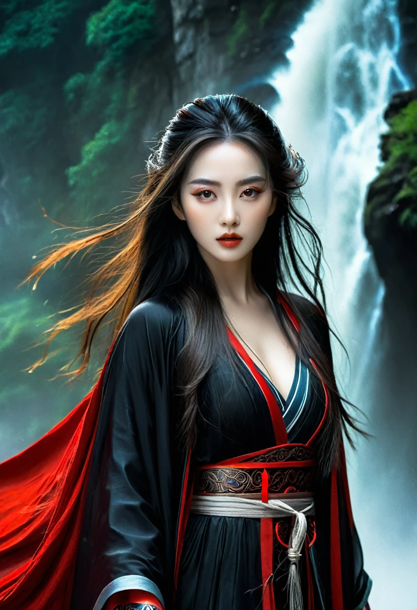 high quality, 8K Ultra HD, Surreal portrait of a stunning woman.
best quality,Extremely detailed,Xianxia,God of Death,Beautiful and delicate eyes,Beautiful and delicate lips,Extremely detailed eyes and face,Flowing long hair,Dark and mysterious atmosphere,Black cape,The red eyes are glowing with a sinister look,The dark sword in hand,A sacred aura emanates from the characters,Martial arts expert,Ancient Chinese Background,Foggy mountains and waterfalls in the background,Mist floating in the air,Dramatic lighting with shadows and highlights,High contrast black and white color scheme,ethereal and otherworldly,A deep and powerful presence,Thunder and lightning in the distant sky,Mythical creatures lurking in the shadows,Majestic and intimidating,Secrets and mysteries hidden in the scenes