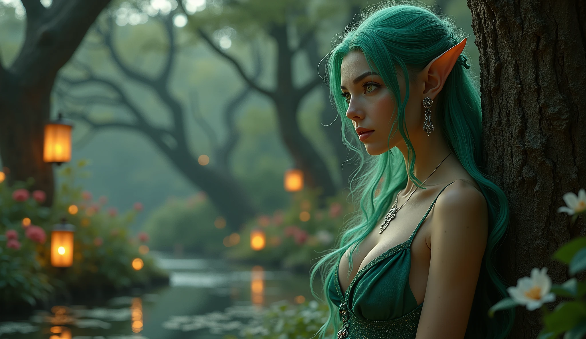 Setting: A serene, enchanted woodland at twilight, with a gentle stream reflecting the soft light of the setting sun.
Description: An alluring elf with emerald-green hair and piercing eyes, wearing a low-cut, flowing dress that clings to her form. She leans gracefully against an ancient tree, surrounded by softly glowing lanterns and blooming flowers. Her skin glows faintly in the twilight, and her pointed ears are adorned with delicate silver earrings. The background features a tranquil stream, ancient trees with twisted branches, and a sky painted with the colors of sunset, creating a peaceful and enchanting atmosphere that invites relaxation and a sense of calm. Aim for realistic depiction, make sure photos are at highest resolution (8K)