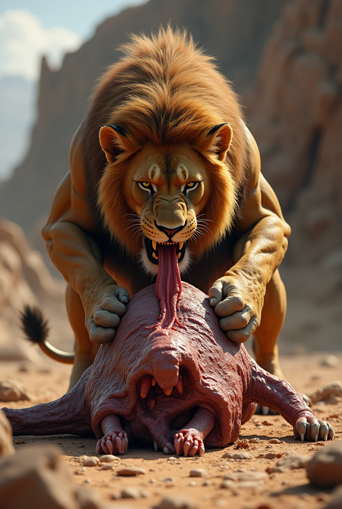 A muscular male lion eats a carcass