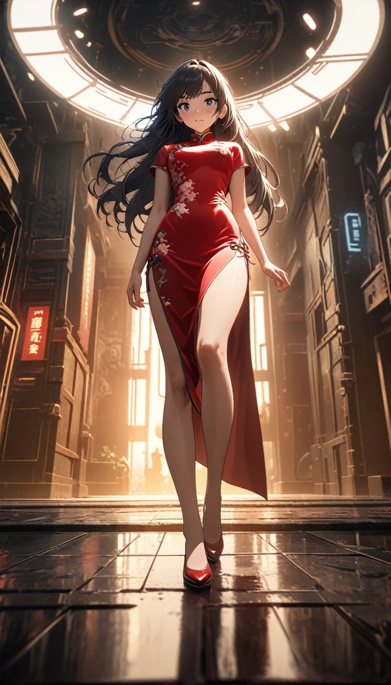 Cheongsam Girl，Long Hair，Pure white background，Depth of written boundary，Low angle view，Calf Level View，Overclocked Renderer，Cinema Lighting，Ultra-fine，Very detailed，complicated，Cinematic Perspective，CG Art，Side zipper