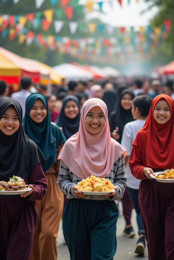 entrepreneurship day at university hall with banners INSPIRE FEST POLITEKNIK PORT DICKSON . have many students . happy situations . have many booth that sell food . have buskers,have games, have food competition. have a 3 girls with hijab also that brings food in their hand while laughing
