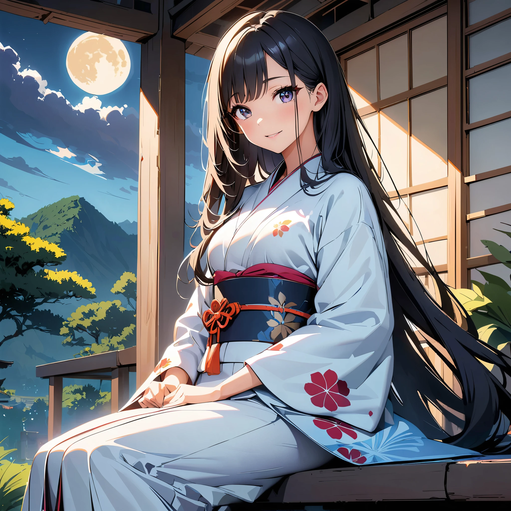 (Highest quality:1.2, Very detailed, anime, Attention to detail, Ultra-high resolution, High Contrast, masterpiece:1.2, Highest quality, Best aesthetics), (Small face), (Very detailedな肌:1.2), One Woman, Scenery of moon viewing in Japan, (Beautiful woman in kimono, Sitting on the porch, Looking at the moon), Black Hair, Super long straight hair, Asymmetrical bangs, Bright brown eyes, Slim figure:1.4, Beautiful Eyes, Glossy Lips, Glowing Skin, smile, Bust Shot:1.4, Elegant and calm look, Traditional Japanese Garden, (full moon, Big Moon:1.1, moonlight), susuki grass, Lantern, Intricate kimono patterns, The arrival of autumn, Soft lighting, A calming color palette, Cinematic composition, Detailed landscape, dream,