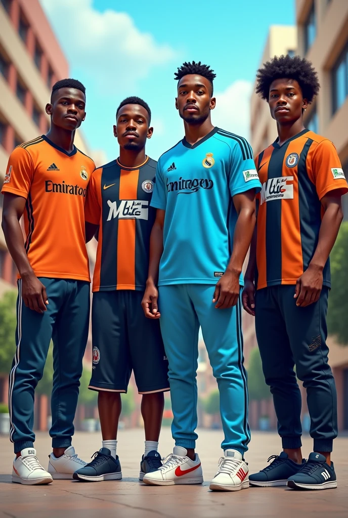 4 jeunes adultes blacks très beaux
Sans boucles d'oreilles
L'une s'appelle Chad ( tu mets son prénom sur son pull over du Real Madrid à lui de telle sorte que le nom soit visible.)
Il est le plus grand en taille, pas de barbe et il est mince
Un autre un peu plus court que lui, le teint plus foncé que les autres, musclé et beau.
Il s'appelle Mélek Olaish
Tu mets son prénom sur son pull over bleu de Manchester City
Et le nom doit bien être visible
Le troisième plus court que les deux autres porte des lunettes
C'est un intello
Il s'appelle Oswald
Tu lui mets un pull over avec des trucs de geeks dessus
Et tu y ajoutes son nom là ( Oswald)
Le dernier plus court que les autres s'appelle Johannes
Tu lui mets un pull over de basketball et tu y ajoutes son nom là ( Johannes)
Tous avec de jolis pantalons en plus
Et des belles baskets