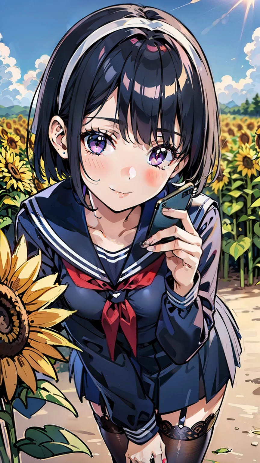 sailor uniform, One Woman, (A beauty woman, Delicate high school girl:1.3), 8K, highest quality, masterpiece, Very detailed, Ultra-high resolution, Realistic, RAW Photos, Absolute Resolution, Black Hair, Bobcut, Small face compared to body, Very small face, Black Hair, ((Navy blue sailor suit)), Navy Blue Skirt, High school girl in sailor suit, 2D Rendering of Anime, ((White headband)), Small breasts, tall, Slanted Eyes, Purple Eyes, Black Stockings, garter belt, Embarrassed smile, (Take a photo with your smartphone:1.4), (Top-down position:1.3), blurry background, ((Sunflower field)), 