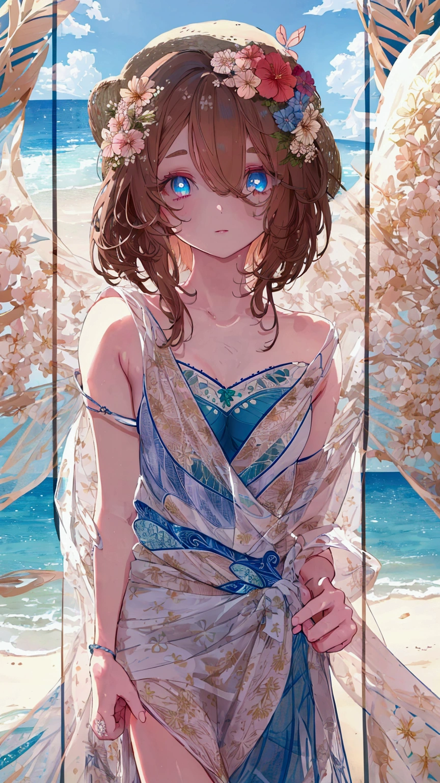 Anime art with a summer atmosphere. Beautiful woman standing in the sea water and fixes her hair. She has short brown hair, choppy bob with layered bangs, cat ears.
8k,highest quality,masterpiece,(software), masterpiece, highest quality, high resolution 64k, professional artwork, famous works of art, clean, cinematic lighting, beautiful eyes + detailed, beautiful hair + detailed,Southern dream bud,Southern dream bud sss dynazenon ,brown hair,green ruby eyes,Big straw hat,hibiscus hair ornament,Blue Bikini Swimsuit,A thin floral patterned cloth is wrapped around the waist.,barefoot,sandy beach,seaside,While walking along the sandy beach、brown hair fluttering in the breeze, (masterpiece:1.2), highest quality, High resolution, unity 8k wallpaper, (shape:0.8), (beautiful and detailed eyes:1.6), Highly detailed face, perfect lighting, Very detailed CG, (perfect hands, perfect anatomy)