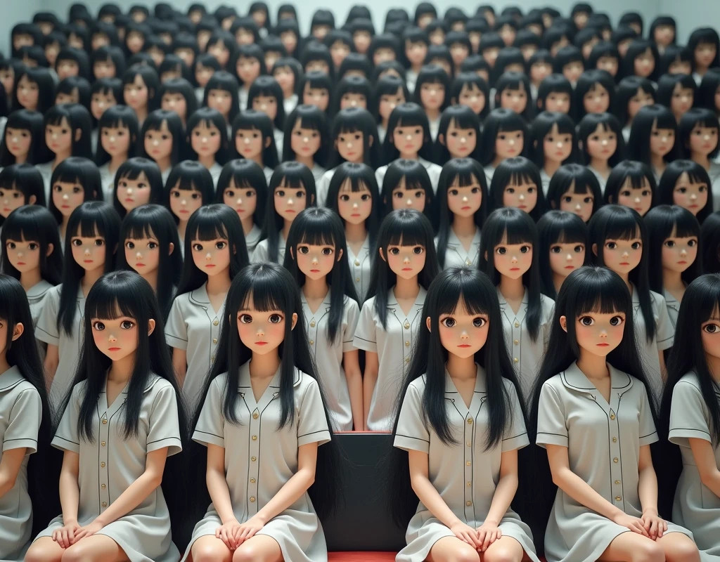 (Japanese Clone-girls=Myself), (Super Best masterpiece Clone-girls Raw Photography Art), (16K, Highest quality, Ultra-high resolution, RAW Photos), (It's so unrealistic., With unparalleled depiction, With an unfathomable sight, An unprecedented and shocking worldview, Clone-girls: In a world of mass reproduction, Ultra-realistic), (Japanese Girls, 16yo, Small face, Thick black hair, long hair, Dark Eyes, Mature face, かわいいsmile, Smiling face, A gentle gaze, Very pleasant look), (Very beautiful detailed girls, Accurate body structure, Accurate body movements, Very detailed body, (Super big breasts, Large bulge of ample breasts)), (Schoolgirl uniform, Short sleeve, mini skirt, Emphasise the fullness of your breasts), (Very detailed, Myself cloning, Depiction of splitting oneself, 1Myself girl→1,000,000,000,000,000,000,000,000,000,000Myself cloning girls), (Very detailed and intricate, Myself's body is multiplying, A perfectly matched depiction, (In the same female body,With the same face, With the same hairstyle, In the same clothes, At the same height, 同じSuper big breasts), 1,000,000,000,000,000,000,000,000,000,000 people mass proliferation), (Myself girls only), Academy, gym, stage, academic level, Commemorative photo depiction, Group photo, Tiered stage photography, smile, Front view