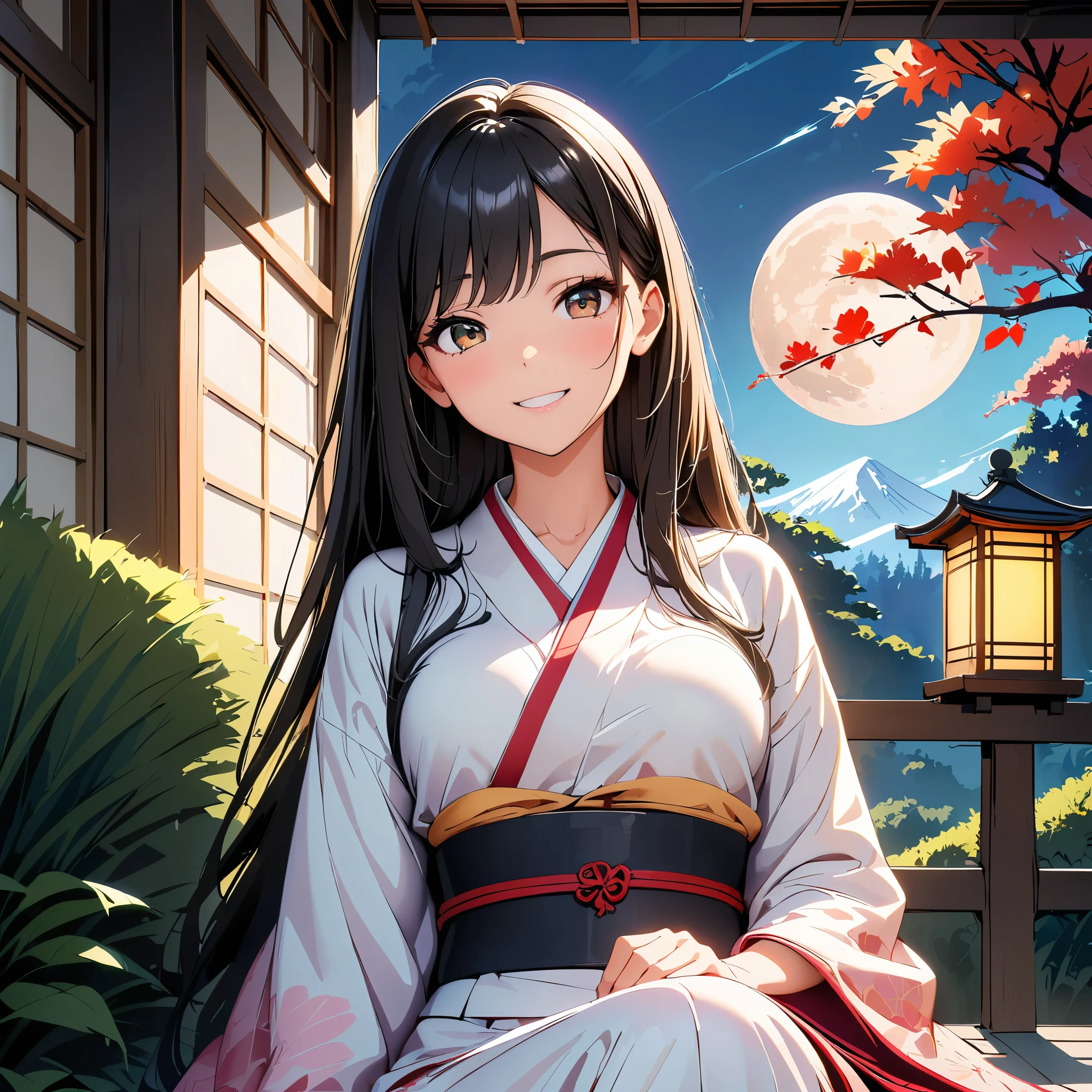 (Highest quality:1.2, Very detailed, anime, Attention to detail, Ultra-high resolution, High Contrast, masterpiece:1.2, Highest quality, Best aesthetics), (Small face), (Very detailedな肌:1.2), One Woman, Scenery of moon viewing in Japan, (Beautiful woman in kimono, Sitting on the porch, Looking at the moon), Black Hair, Super long straight hair, Asymmetrical bangs, Bright brown eyes, Slim figure:1.4, Beautiful Eyes, Glossy Lips, Glowing Skin, ((smile, Bust Shot:1.4)), Elegant and calm look, Traditional Japanese Garden, (full moon, Big Moon:1.1, moonlight), susuki grass, Lantern, Intricate kimono patterns, The arrival of autumn, Soft lighting, A calming color palette, Cinematic composition, Detailed landscape, dream,