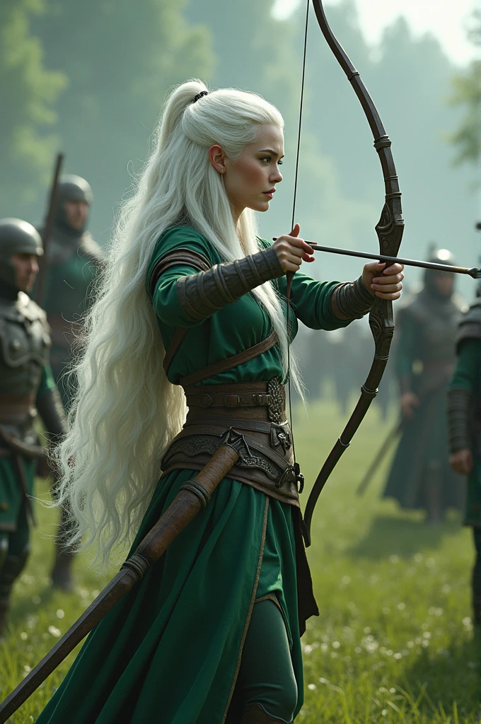 The elven race nation was at war with the monsters. Led by a white-haired, white-skinned adult female elf who carries a bow and arrow along with her army. Against the backdrop of a vast expanse of green land. resolusi 64k super realistis. Super hd