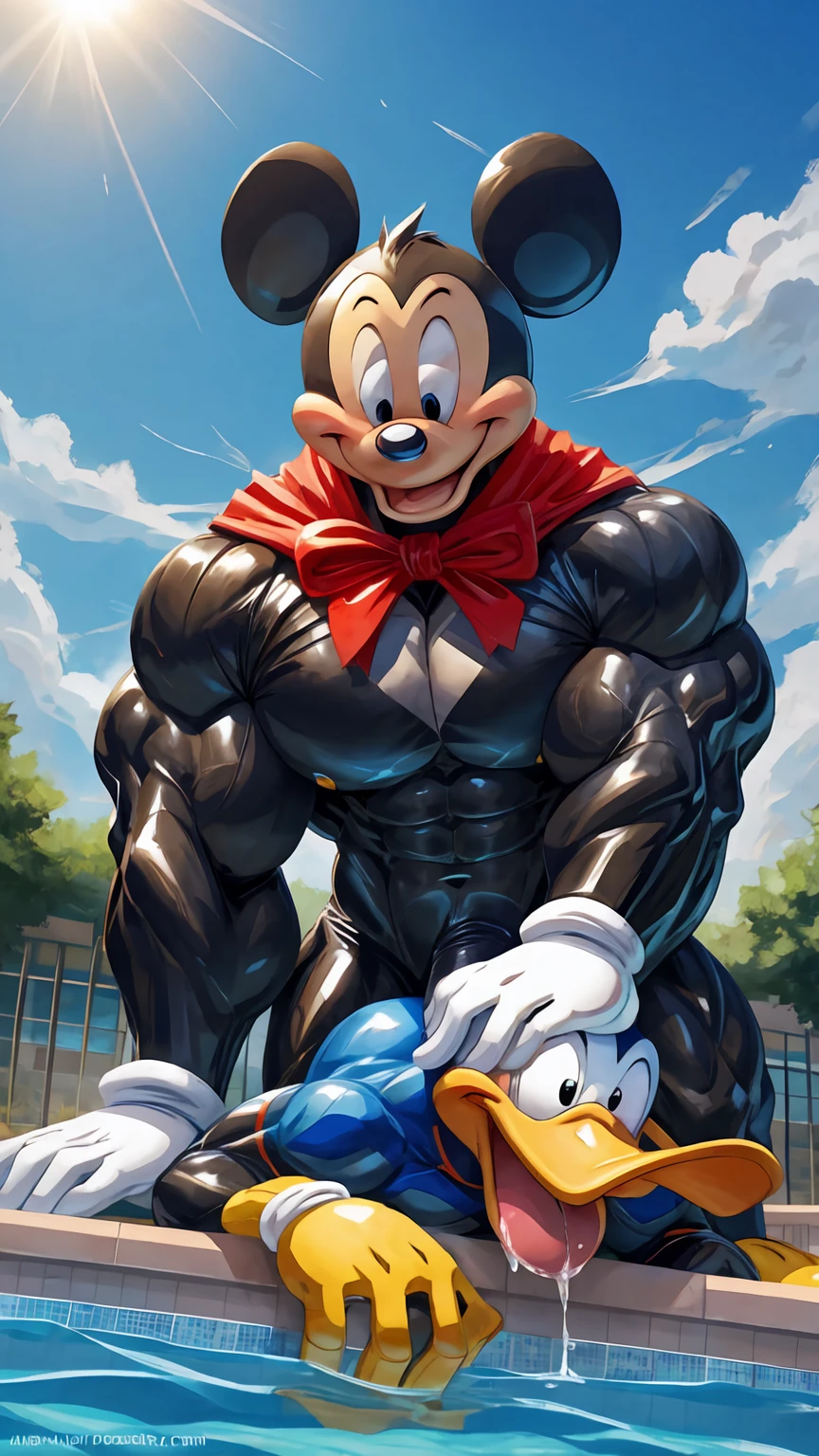 Highest quality,8k,professional art,t0p0m1k1,Mickey Mouse,Imminent sexual activity,Huge erect penis,Huge muscles,Poolside,Crying face,Lots of drool,Rockman EXE patterned suit,duck