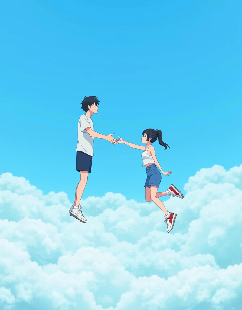 Create a anime style landscape image. Surreal, digitally manipulated image featuring two individuals floating in a clear blue sky above a layer of fluffy white clouds. The layout is vertical, with one person positioned at the top and the other at the bottom. The person at the top is a male with short black hair, wearing a white t-shirt, dark blue shorts, and white sneakers. He is reaching downwards with his right hand extended. The person at the bottom is a female with long black hair tied in a ponytail, wearing a white sleeveless top, blue shorts, and white sneakers with red accents. She is reaching upwards with her left hand extended. Both individuals have light skin tones. The image conveys a sense of weightlessness and freedom.