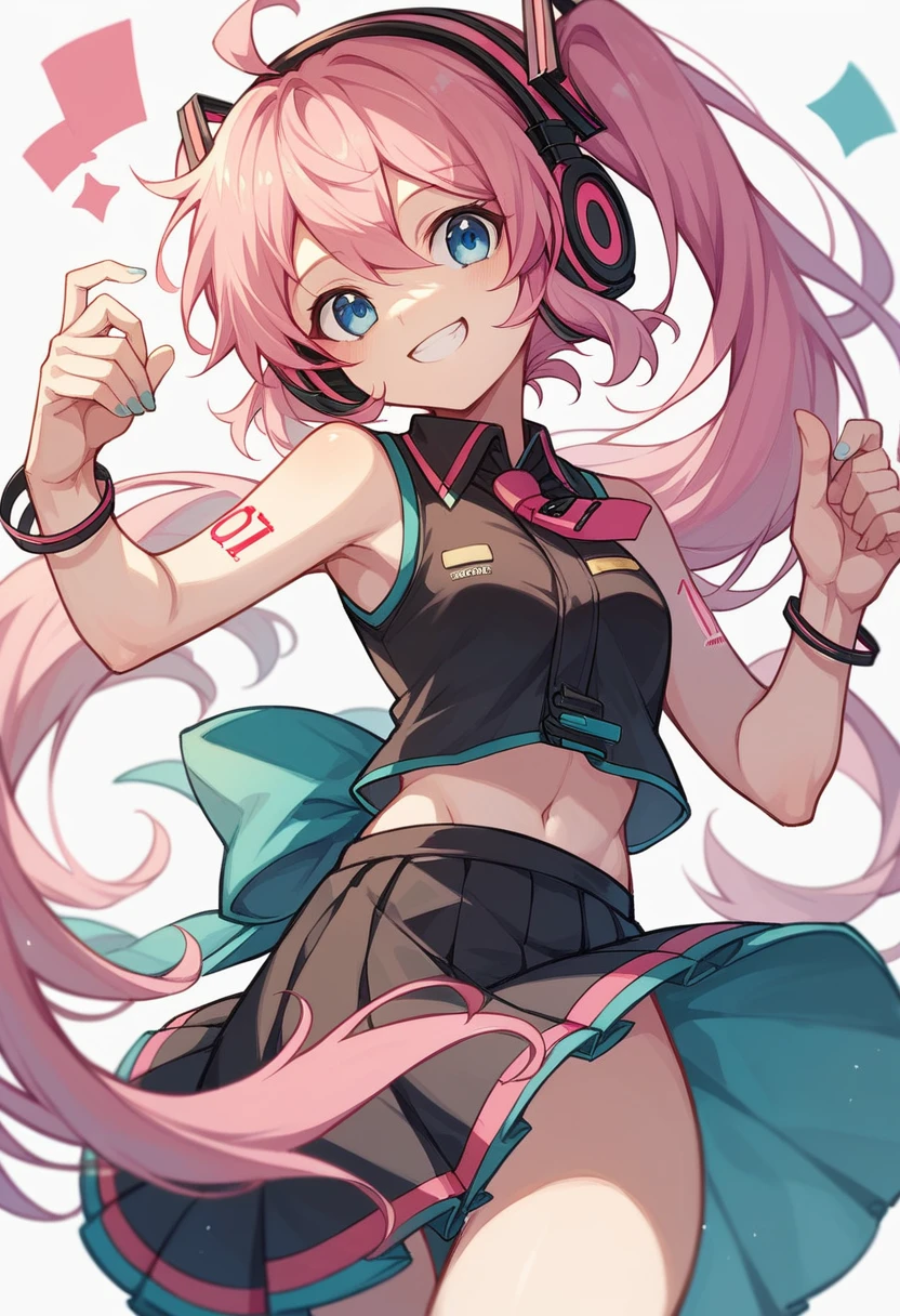 Pink Hair、Long Hair、Blue Eyes、Smiling、Black sleeveless top、Wrap skirt、Wearing headphones、Vocaloid