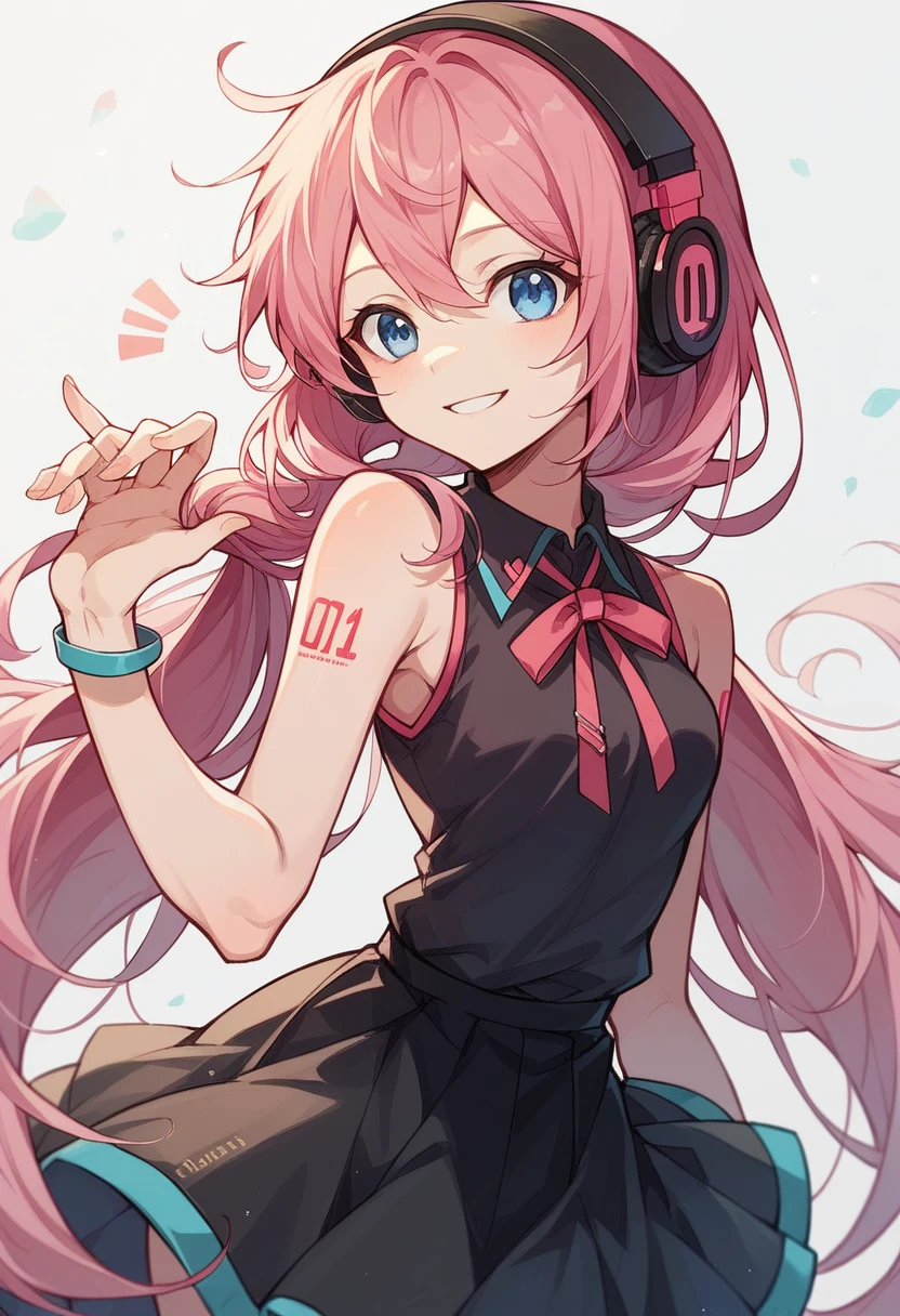 Pink Hair、Long Hair、Blue Eyes、Smiling、Black sleeveless top、Wrap skirt、Wearing headphones、Vocaloid