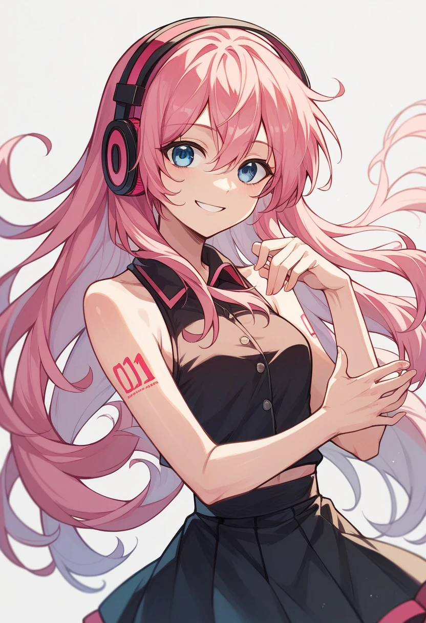 Pink Hair、Long Hair、Blue Eyes、Smiling、Black sleeveless top、Wrap skirt、Wearing headphones、Vocaloid