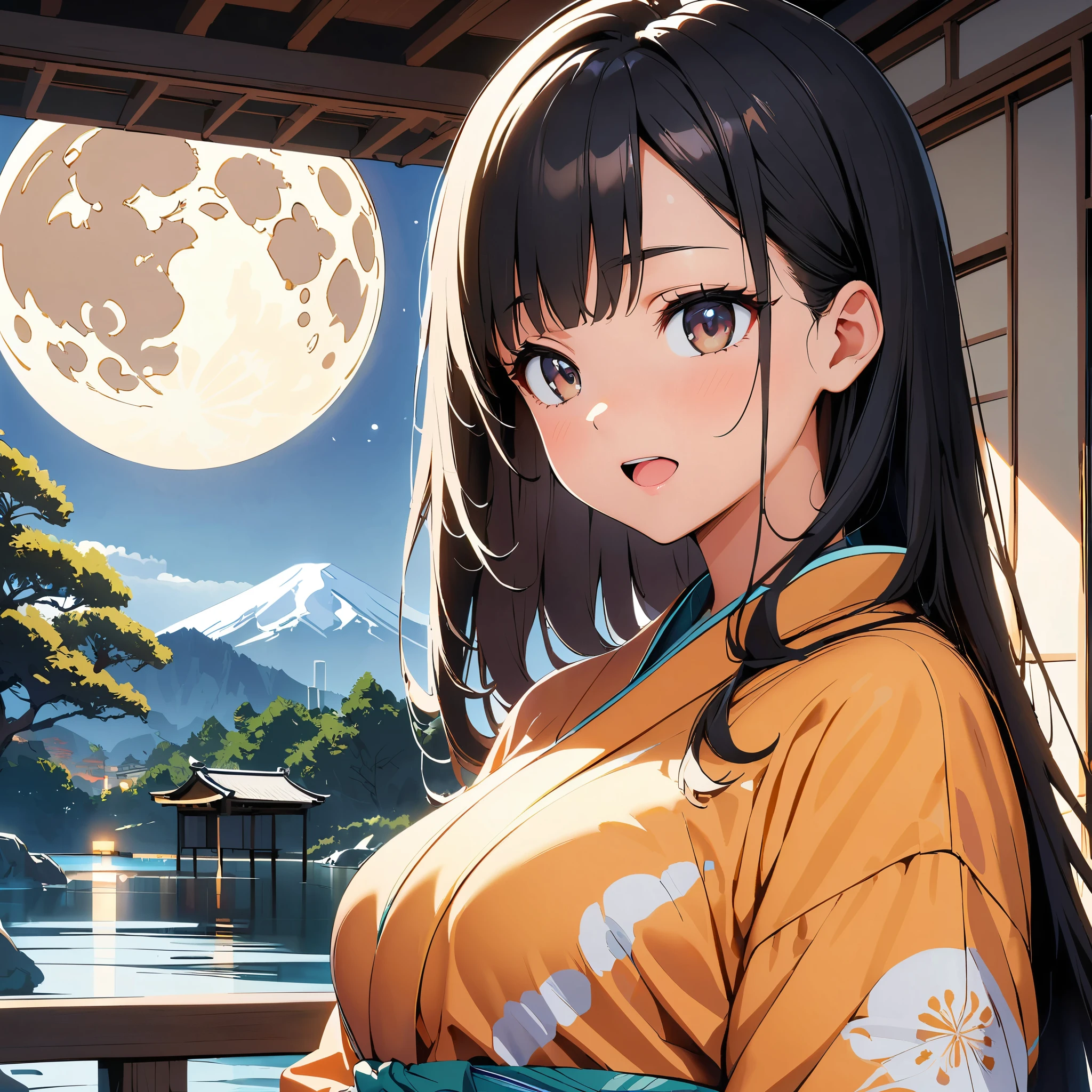 (Highest quality:1.2, Very detailed, anime, Attention to detail, Ultra-high resolution, High Contrast, masterpiece:1.2, Highest quality, Best aesthetics), (Small face), (Very detailedな肌:1.2), One Woman, Scenery of moon viewing in Japan, (Beautiful woman in kimono, Sitting on the porch, Looking at the moon), Black Hair, Super long straight hair, Asymmetrical bangs, Bright brown eyes, Slim figure:1.4, Beautiful Eyes, Glossy Lips, Glowing Skin, ((Fatty face, Open your mouth, Bust Shot:1.4)), Elegant and calm look, Traditional Japanese Garden, (full moon, Big Moon:1.1, moonlight), susuki grass, Lantern, Intricate kimono patterns, The arrival of autumn, Soft lighting, A calming color palette, Cinematic composition, Detailed landscape, dream,