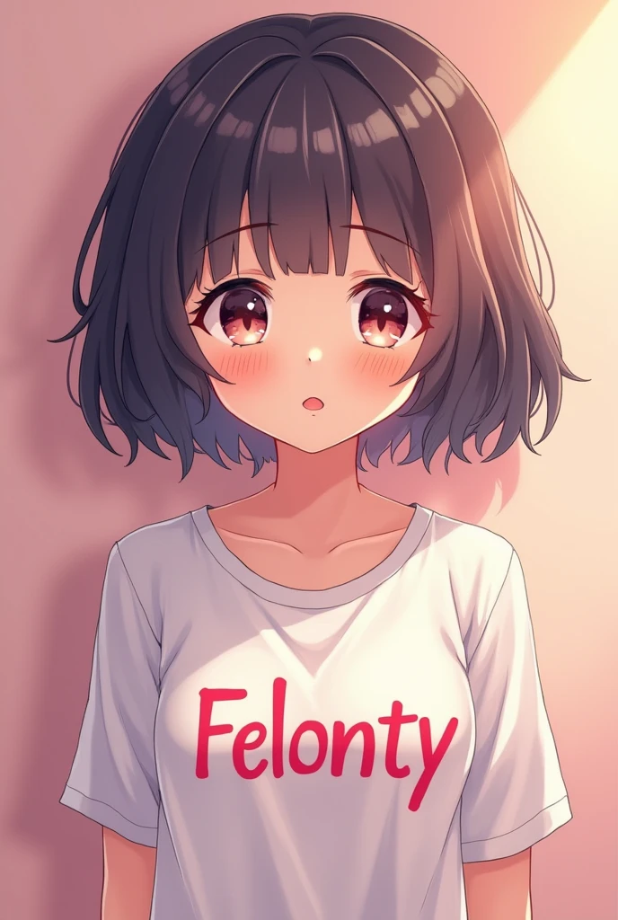soft cutesy anime girl that has a shirt that says felony