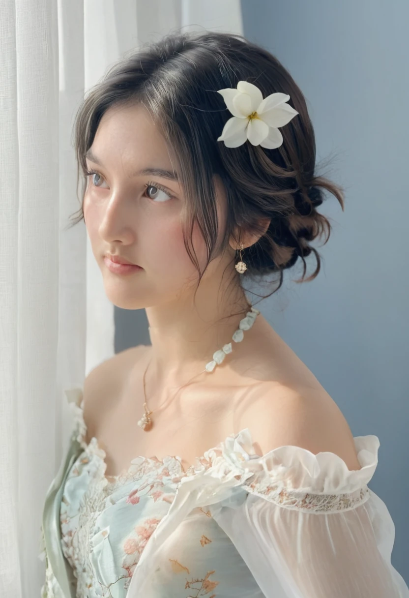 photography aesthetic,Softly lit portrait, ethereal ambiance, young woman with fair complexion, delicate braided updo adorned with floral accents, translucent off-the-shoulder garment, gaze directed off-camera, suggesting contemplation, slight parting of lips conveys a relaxed demeanor, subtle use of makeup emphasizing natural beauty, pastel blue backdrop creating a serene atmosphere, classical aesthetic reminiscent of Renaissance portraiture, soft-focus technique enhancing dreamlike quality.,high-resolution