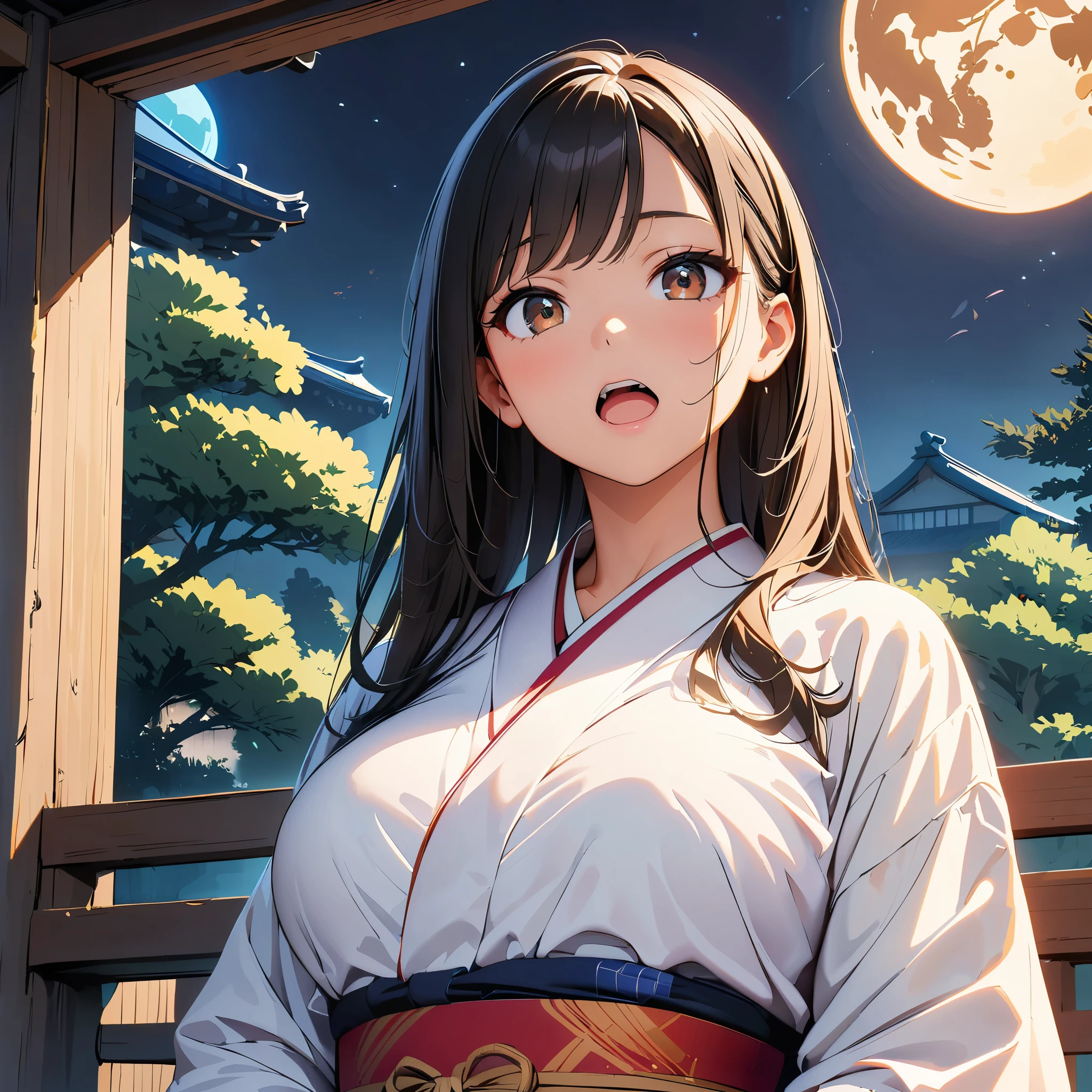(Highest quality:1.2, Very detailed, anime, Attention to detail, Ultra-high resolution, High Contrast, masterpiece:1.2, Highest quality, Best aesthetics), (Small face), (Very detailedな肌:1.2), One Woman, Scenery of moon viewing in Japan, (Beautiful woman in kimono, Sitting on the porch, Looking at the moon), Black Hair, Super long straight hair, Asymmetrical bangs, Bright brown eyes, Slim figure:1.4, Beautiful Eyes, Glossy Lips, Glowing Skin, ((Fatty face, Open your mouth, Bust Shot:1.4)), Elegant and calm look, Traditional Japanese Garden, (full moon, Big Moon:1.1, moonlight), susuki grass, Lantern, Intricate kimono patterns, The arrival of autumn, Soft lighting, A calming color palette, Cinematic composition, Detailed landscape, dream,