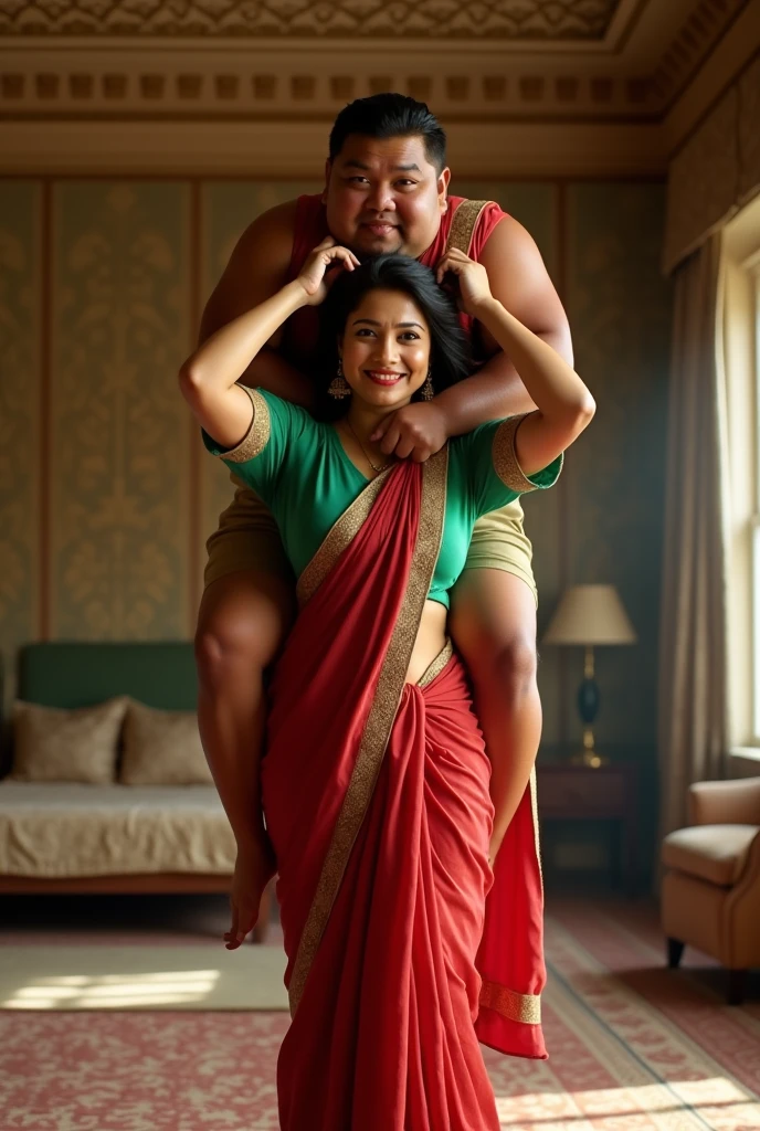 Beautiful and Slim Indian woman in green blouse red saree lifting a large chubby man above her shoulders, man is sitting on woman's shoulders, in a bedroom with high ceiling, natural smile, woman is looking into the camera , full body image