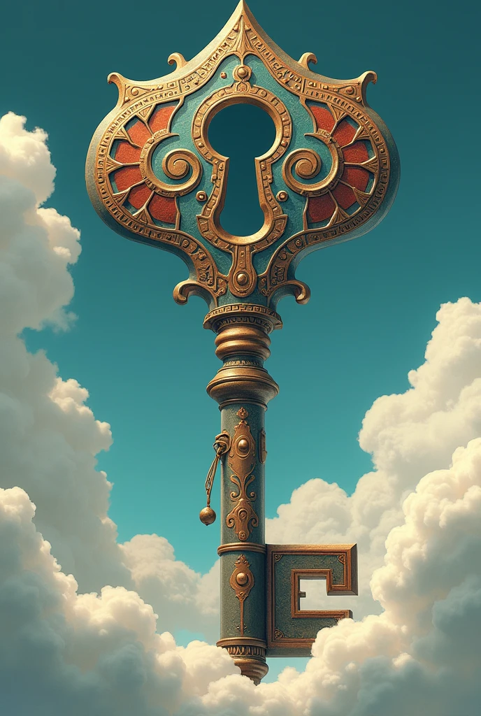 A stylized key next to a keyhole, where the keyhole is placed in weird position like floating in the air or cloud. The key shoud have an ornate or abstract design