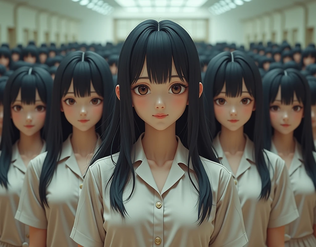 (Japanese Clone-girls=Myself), (Super Best masterpiece Clone-girls Raw Photography Art), (16K, Highest quality, Ultra-high resolution, RAW Photos), (It&#39;s so unrealistic., With unparalleled depiction, With an unfathomable sight, An unprecedented and shocking worldview, Clone-girls: In a world of mass reproduction, Ultra-realistic), (Japanese Girls, 16yo, Small face, Thick black hair, long hair, Dark Eyes, Mature face, かわいいsmile, Smiling face, A gentle gaze, Very pleasant look), (Very beautiful detailed girls, Accurate body structure, Accurate body movements, Very detailed body, (Super big breasts, Large bulge of ample breasts)), (Schoolgirl uniform, Short sleeve, mini skirt, Emphasise the fullness of your breasts), (Very detailed, Myself cloning, Depiction of splitting oneself, 1Myself girl→1,000,000,000,000,000,000,000,000,000,000Myself cloning girls), (Very detailed and intricate, Myself&#39;s body is multiplying, A perfectly matched depiction, (In the same female body,With the same face, With the same hairstyle, In the same clothes, At the same height, 同じSuper big breasts), 1,000,000,000,000,000,000,000,000,000,000 people mass proliferation), (Myself girls only), Academy, gym, stage, academic level, Commemorative photo depiction, Group photo, Tiered stage photography, smile, Front view
