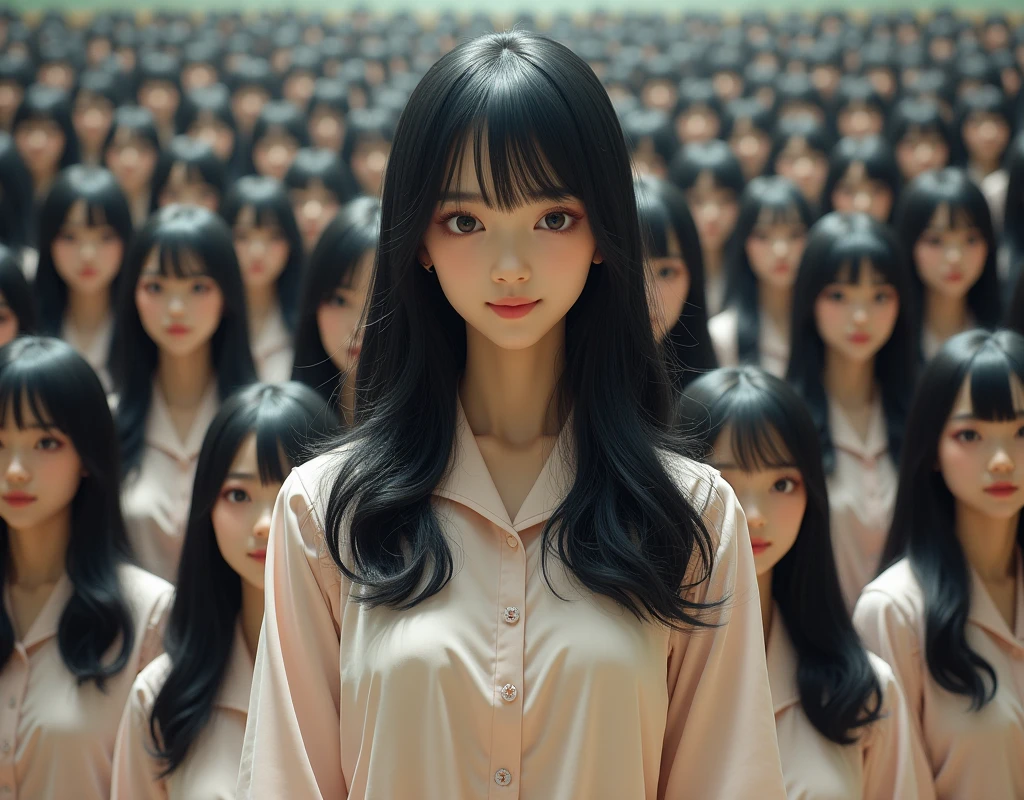 (Japanese Clone-girls=Myself), (Super Best masterpiece Clone-girls Raw Photography Art), (16K, Highest quality, Ultra-high resolution, RAW Photos), (It's so unrealistic., With unparalleled depiction, With an unfathomable sight, An unprecedented and shocking worldview, Clone-girls: In a world of mass reproduction, Ultra-realistic), (Japanese Girls, 16yo, Small face, Thick black hair, long hair, Dark Eyes, Mature face, かわいいsmile, Smiling face, A gentle gaze, Very pleasant look), (Very beautiful detailed girls, Accurate body structure, Accurate body movements, Very detailed body, (Super big breasts, Large bulge of ample breasts)), (Schoolgirl uniform, Short sleeve, mini skirt, Emphasise the fullness of your breasts), (Very detailed, Myself cloning, Depiction of splitting oneself, 1Myself girl→1,000,000,000,000,000,000,000,000,000,000Myself cloning girls), (Very detailed and intricate, Myself's body is multiplying, A perfectly matched depiction, (In the same female body,With the same face, With the same hairstyle, In the same clothes, At the same height, 同じSuper big breasts), 1,000,000,000,000,000,000,000,000,000,000 people mass proliferation), (Myself girls only), Academy, gym, stage, academic level, Commemorative photo depiction, Group photo, Tiered stage photography, smile, Front view