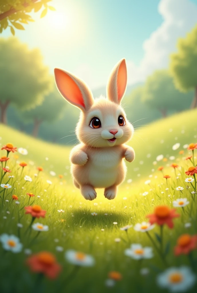 A photo of a cute rabbit running through a meadow