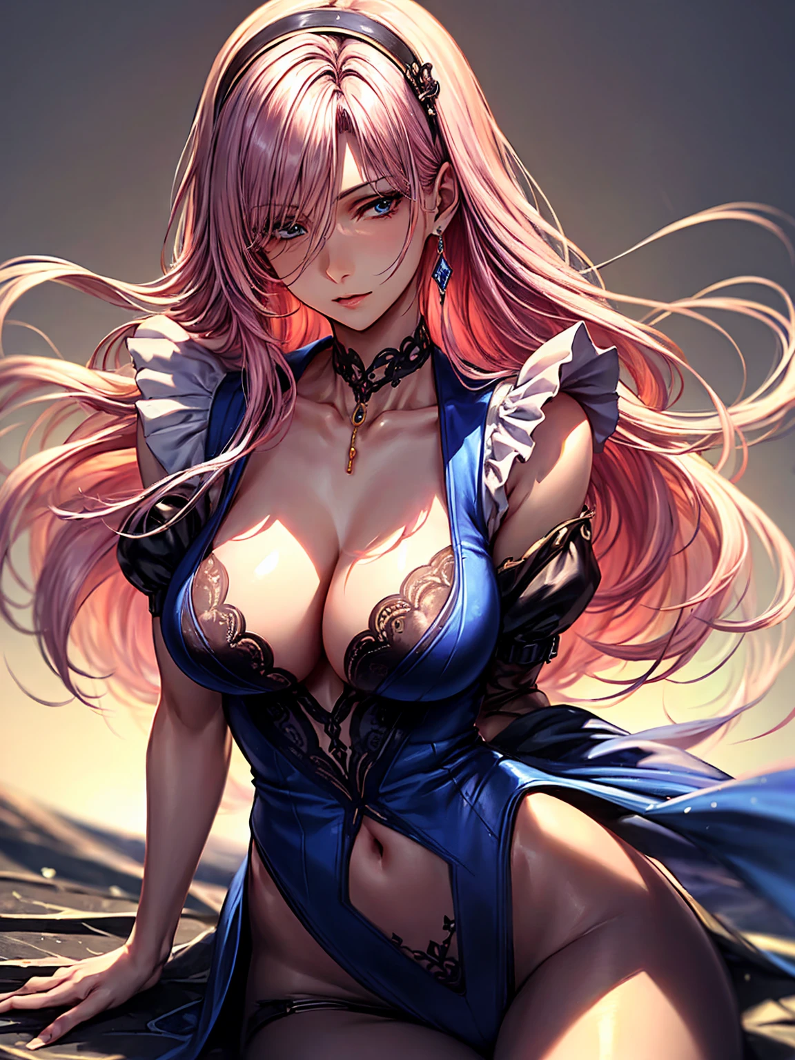 top-quality、tmasterpiece、Very high resolution、super high image quality、High-quality pixels)、perfect eyes, perfect face, perfect body figure,solo,8K, sizable breast,(Detailed description of hair), (Detailed description of face),(Detailed description of body), fair and clear skin, matchless beauty, long legged, pink hair details expressed, The details have been upgraded, light blue eyes, dynamic shooting angles, maid costume, maid hair band, fashion magazine cover, model posture, elegant, (dark blue diamond clothes decoration:1.2)