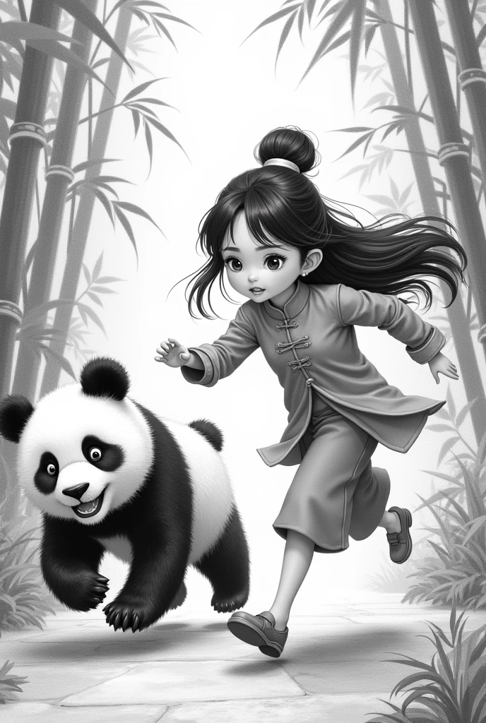A Chinese girl chasing a panda drawn in pencil