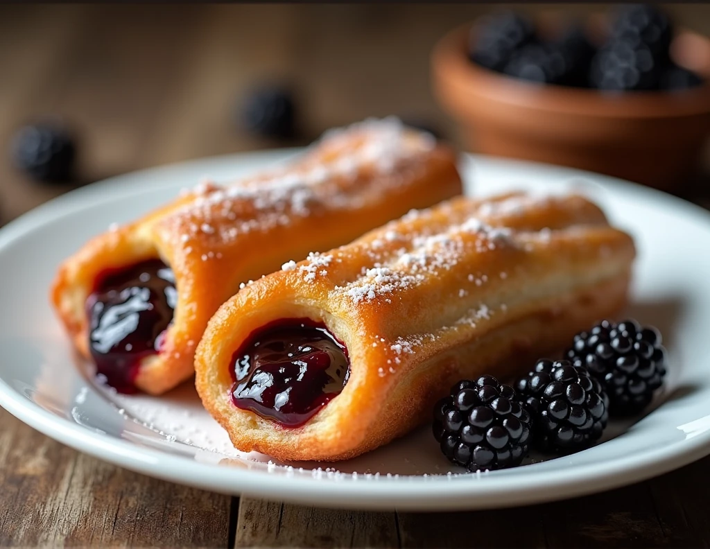 It creates a very real image of two delicious and appetizing Spanish-style churros filled with blackberry jam, but the filling does not overflow or come out of the churro., on a white plate on a wooden table. There are some fresh blackberries next to the plate., some close and others out of focus. There is good lighting because it is a professional food photography for advertising.