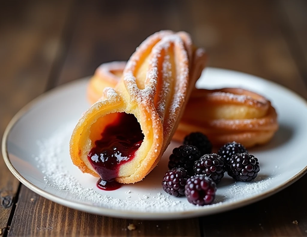 It creates a very real image of two delicious and appetizing Spanish-style churros filled with blackberry jam, but the filling does not overflow or come out of the churro., on a white plate on a wooden table. There are some fresh blackberries next to the plate., some close and others out of focus. There is good lighting because it is a professional food photography for advertising.