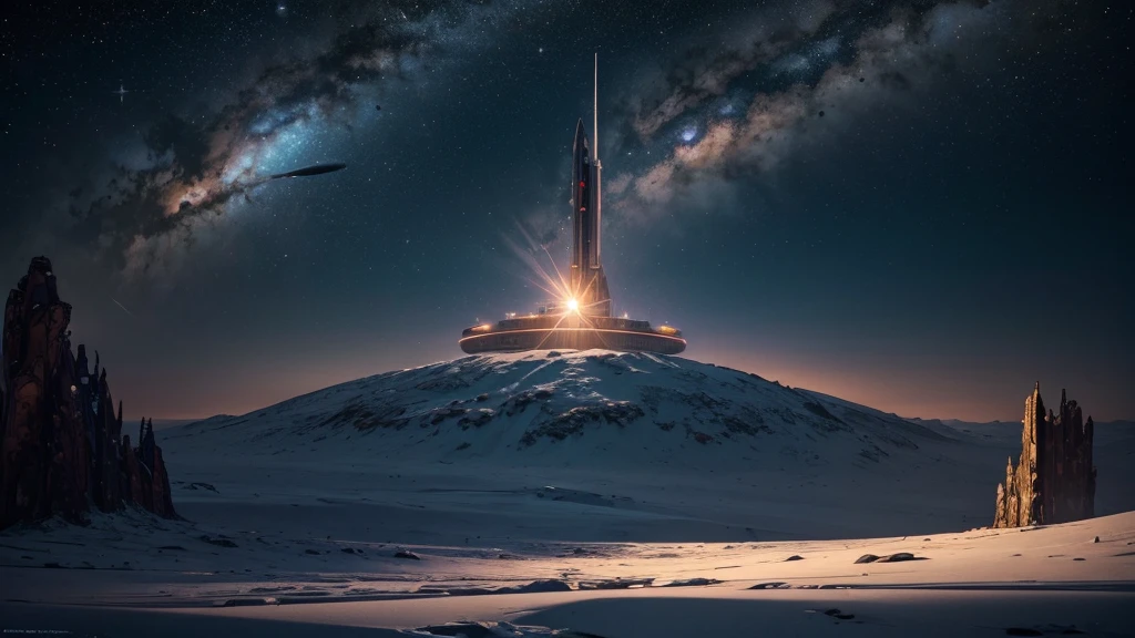 ((masterpiece)),((Highest quality)),((High Detail)),nobody,background, sf, base, Space probe, Multiple planets, Ice and desert, A beam of light is emitted from the tower