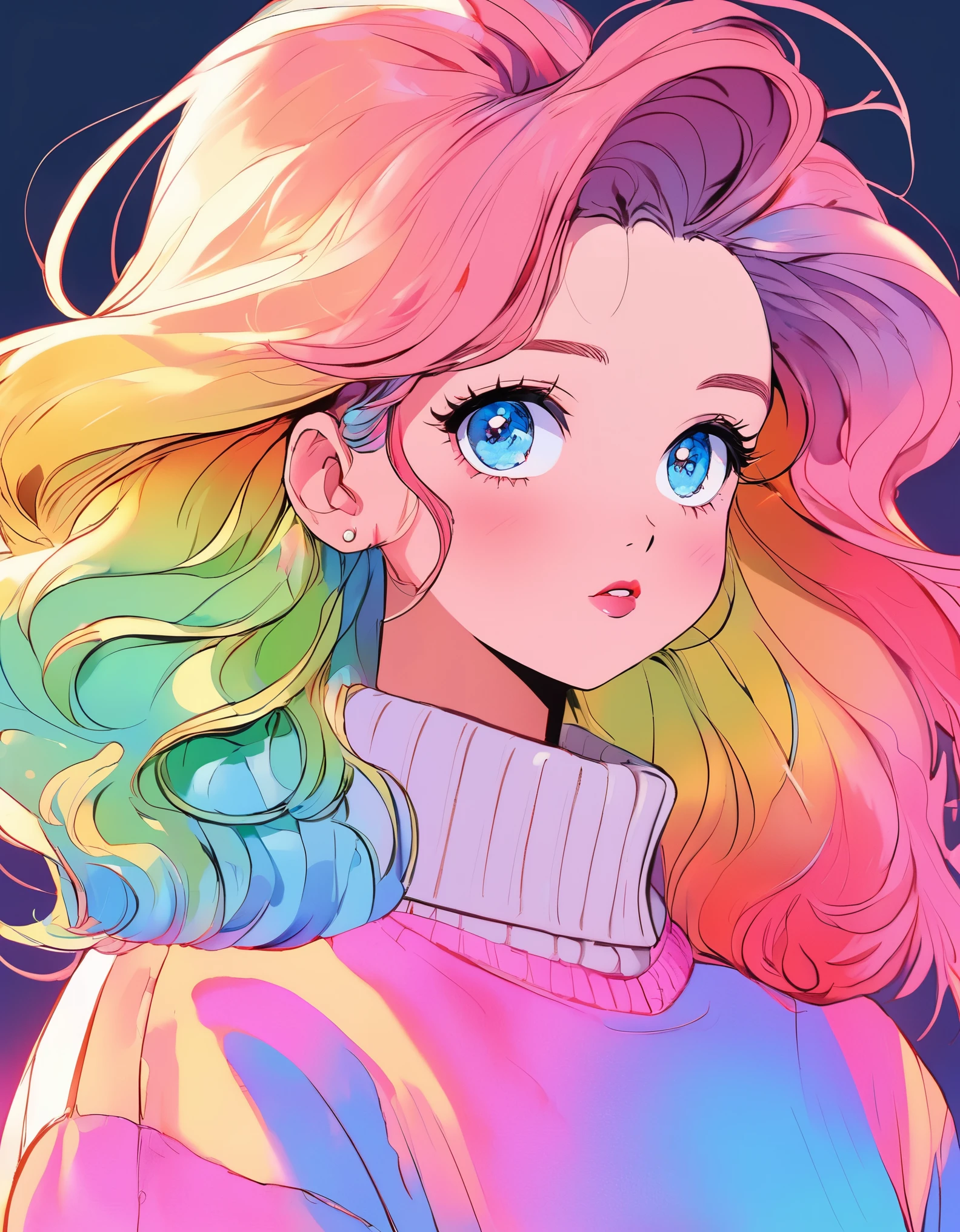 anime ,realistic ,sketch , 1 girl, blue shining eyes,glossy lip, sweater,collared shirt、order, red gradient background, neon hair,textured crop, Canadian , (masterpiece,highest quality,rainbow style)