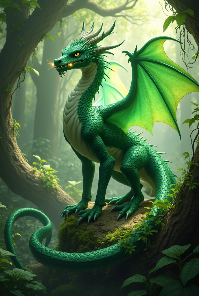 Sylara, the mate of Karthar, is a dragon with emerald-green scales and delicate, leaf-like wing membranes. Her breath can control plant life, causing forests to grow rapidly or vines to ensnare enemies.