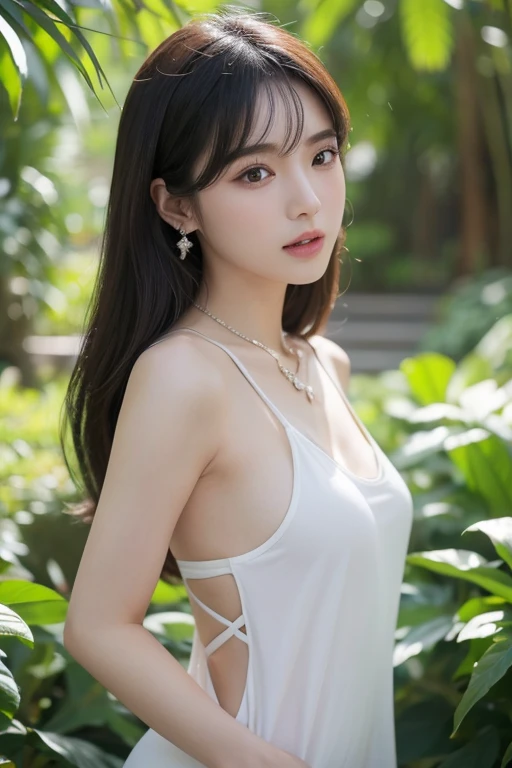 (((whole body:1.25))), (RAW shooting, Photo realism:1.5, 8k, 最好of品質, Ultra-high resolution), 一位非常迷人of30歲女人，擁有完美of身材, 令人難以置信of苗條身材, 白皙of皮膚, 高細節紋理of皮膚, 優雅of特點, 濕潤of深棕色長髮, 清晰且非常精緻of眼睛, Thin eyebrows, Eyeliner, 鮮豔且畫得精緻of粉紅色嘴唇, 完美of牙齒, 美麗而輪廓分明of臉部特徵, The neck is long and thin, Medium breasts, Small butt, 纖細而非常協調of身材, 修長而尖of雙腿, of:1.6, 誘人of表情, , nude, 性感of, 興奮of鬼臉, ((No panties)), ((apparel (非常精緻of白色蕾絲緊身胸衣, 一件深紫紅色of襯衫，The neckline is very wide, 一件細節豐富of紅色蕾絲短裙, 腿上apparel白色蕾絲襪))), ((apparel expensive showy diamond necklaces and earrings)), (background with：tropical rainforest), , Face light, movie lighting, Studio lighting, White Balance, 明亮生動of色彩, Chiaroscuro, Depth of Field, reflected light, Backlight, shadow, Fuji Color, anatomically correct, 準確of, Super detailed, 最好of品質, Canon EOS 5D, 50 mm, F1.2, masterpiece, sunlight,