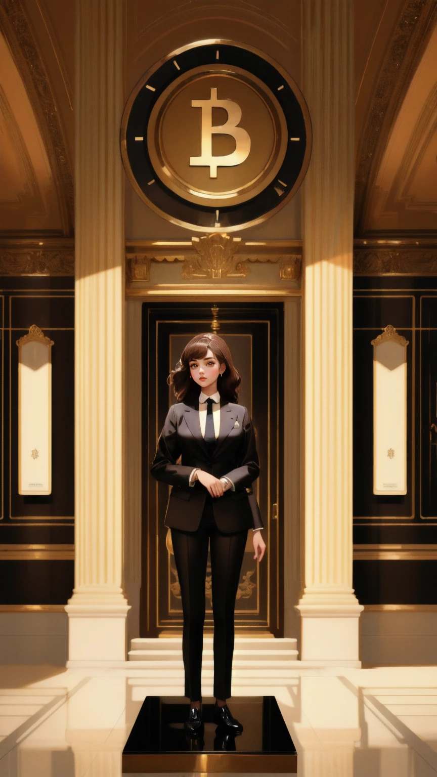 A beautiful, cute girl in a smart suit with a retro flair, standing confidently on a pedestal in a grand museum hall. The scene is surrounded by an audience of well-dressed people, admiring her with astonishment. The girl represents the 'OG Crypto Dinosaur,' holding a sign with this title in bold letters. The entire background is in rich brown tones, with elegant architectural details, capturing the grandeur and historical significance of cryptocurrency.