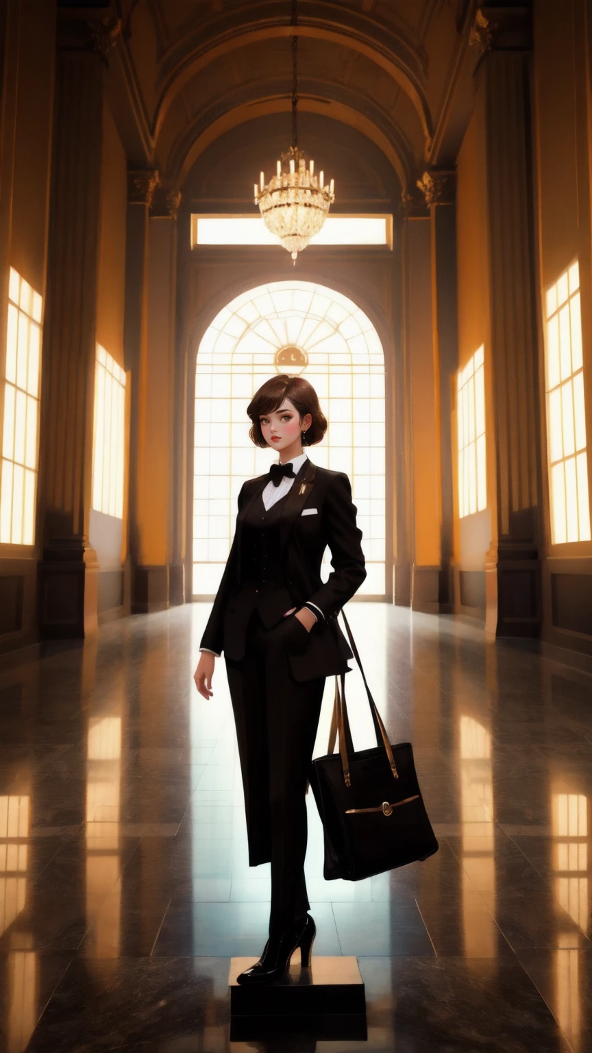 A beautiful, cute girl in a smart suit with a retro flair, standing confidently on a pedestal in a grand museum hall. The scene is surrounded by an audience of well-dressed people, admiring her with astonishment. The girl represents the 'OG Crypto Dinosaur,' holding a sign with this title in bold letters. The entire background is in rich brown tones, with elegant architectural details, capturing the grandeur and historical significance of cryptocurrency.