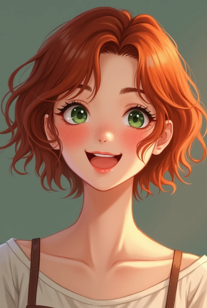 Beautiful 1 high school girl, short and wavy natural red hair, soft rosy lips, peachy skin, light freckles, emerald eyes, a happy expression. Photo realistic. Portrait.