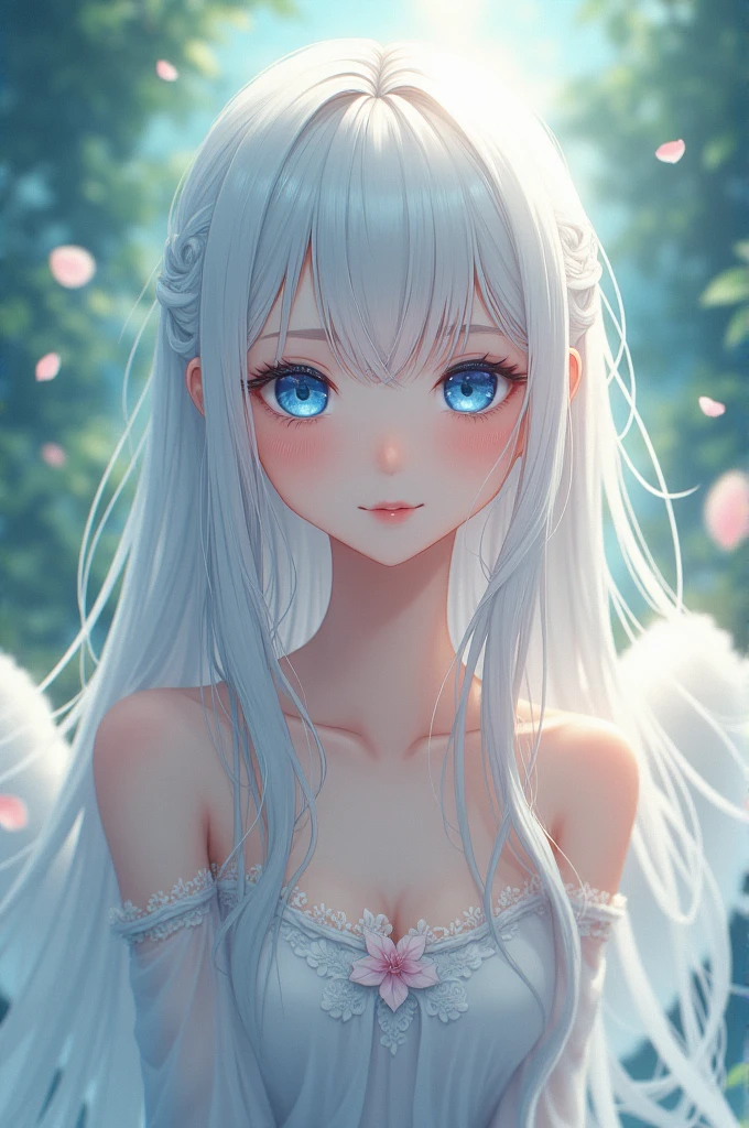 Anime girl that really really cute and she has white hair and blue eyes 