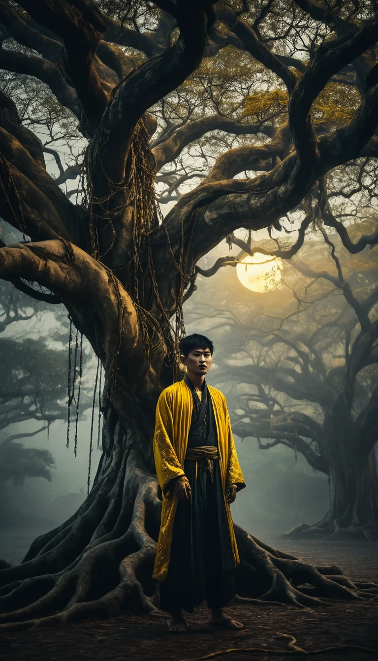 Eerie, hazy moonscape with a twisted ancient banyan tree. A sad Asian young man tied to the tree with glowing chains, dressed in ancient Chinese yellow brocade. Dark, gloomy lighting. Surreal, gothic. 8K resolution.