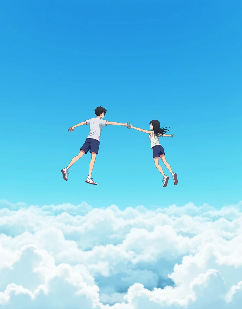 Create a anime style landscape image. Surreal, digitally manipulated image featuring two individuals floating in a clear blue sky above a layer of fluffy white clouds. The layout is vertical, with one person positioned at the top and the other at the bottom. The person at the top is a male with short black hair, wearing a white t-shirt, dark blue shorts, and white sneakers. He is reaching downwards with his right hand extended. The person at the bottom is a female with long black hair tied in a ponytail, wearing a white sleeveless top, blue shorts, and white sneakers with red accents. She is reaching upwards with her left hand extended. Both individuals have light skin tones. The image conveys a sense of weightlessness and freedom.