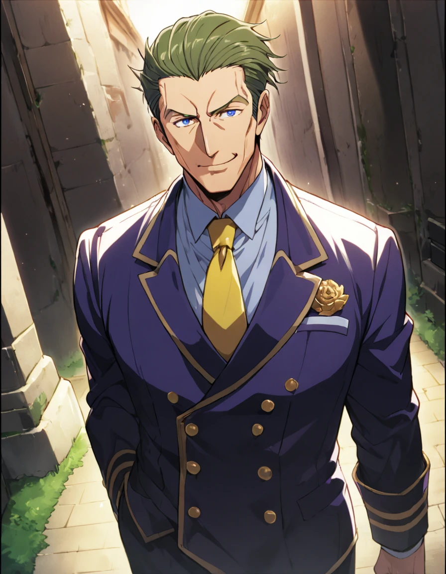 1man, (mature dad in ail-soft style, dandy president, moss olive hair, deepblue eyes, arafed spiky hair slicked back), ideal ratio body proportions, BREAK (over 30s, elder producer, toned dilettante, high cheekbones, broad shoulder, square shaped face, handsome, beautiful detailed eyes, under 40s), BREAK (violet formal jacket, purplewhite shirt, yellow necktie, simple costume), BREAK solo, cool smile, smart emotion, BREAK upperlegs, film expression, 2000s, (old hentai CG, in Ribahara Aki style), BREAK depth of field, dutch angle, cinematic shadows, cinematic lighting, lens flare, light leaks, texture, absurdres absolutely resolution, extreme all detailed, greatest paint, BREAK masterpiece, best quality, BREAK score_9, score_8_up, score_7_up, source_anime, rating_safe, score_6_up, score_5_up, score_4_up