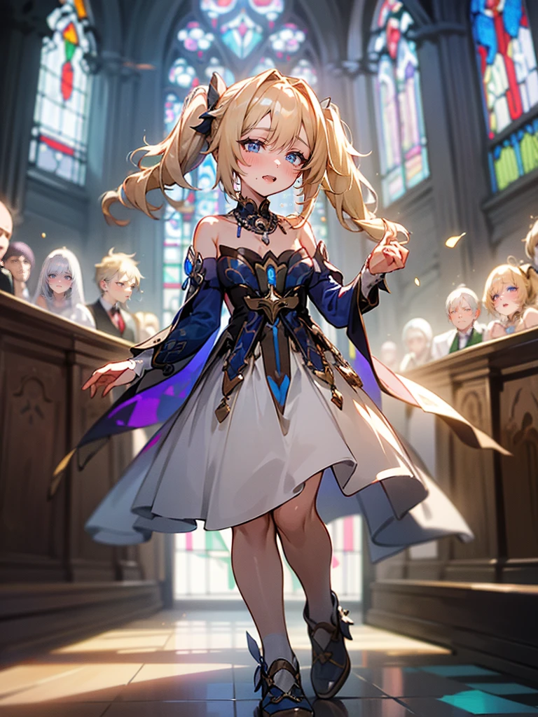 malcaste melody piece: 1.3), (max resolution: 1.2), 8K resolution, Perfect Style, Beautiful face, Thin eyebrows, Glitter Eyeliner: 1.2, Natural cheeks, Glossy skin, Fair skin: 1.2, (Blonde hair with fluffy short twintails:1.3),shiny little necklace and earrings, (Glossy lips: 1.4), (weddingdress:1.2)、 (Shy look: 1.2),(church and large stained glass: 1.2),(Deep Blue Eyes:1.4),Rosary Necklace,wedding veil,(Full body:1.2)
