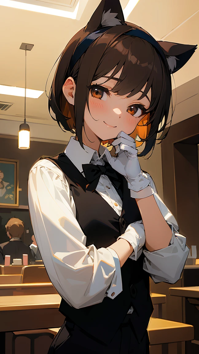 masterpiece, best quality, absurdres, score_9, score_8_up, score_7_up, source_anime, 1girl, deep brown eyes, room, wariza, medium hair, pixie bob haircut, black hair, happy face, portrait, blazer, starshadowmagician, solo, Adult woman, best perfect ???????, Pose with hands tucked behind ears, Cheek resting on hand, cafe, indoors, window, crowd, standing, steam, looking at viewer, cat ears headband, white shirt, black tie, format black vest, Long-sleeved shirt, white format gloves, black trousers, dynamic angle. perfect dynamic composition, upper body, smile, Shooting up close, Shooting from the side, hanging light, ceiling light, potted plant, background: cafe,