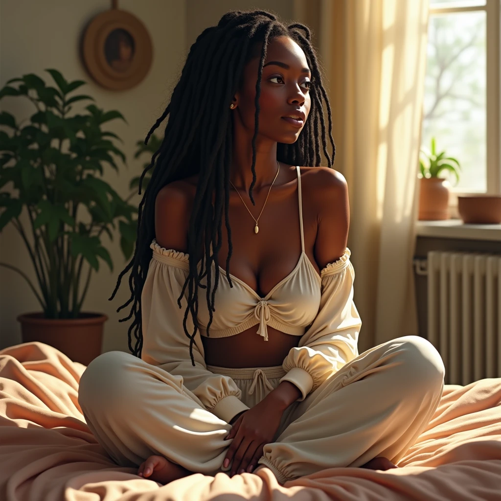 (photorealism:1.2), beautiful ebony woman, sitting on bed, wearing loose off-shoulder top, pajama pants, long dreadlocks hair, indoors, soft lighting, plants in background, window with sunlight, cozy room, relaxed pose, realistic, intricate details, warm colors