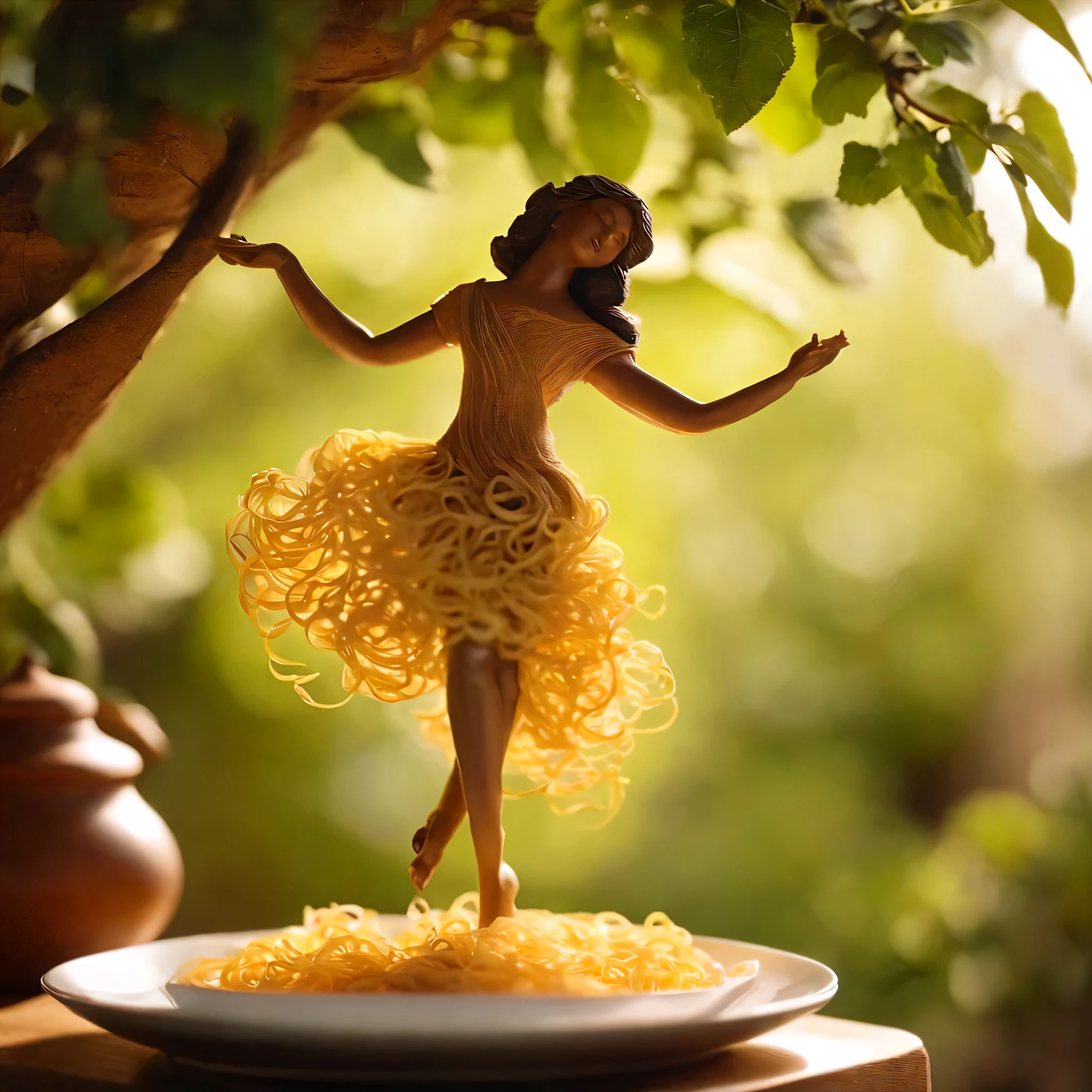 A whimsical miniature figure composed of delicately arranged noodles, poised in a carefree dance on the rim of a plate, white shiny plate, set on a table, vibrant kitchen backdrop, where dappled sunlight filters through the canopy above, casting intricate shadows. The overall aesthetic is ethereal, with warm, earthy tones of sienna, umber, infused with hints of emerald and golden light, evoking a sense of wonder and enchantment, as if plucked from a fantastical realm.
Luma Labs Ai prompt - " A human like figure made of noodles dancing.