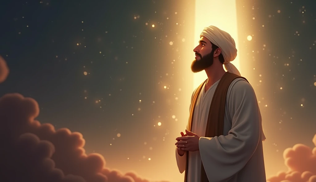 Animated image of a prophet wearing a turban on his head, his face covered in light, praying facing the sky