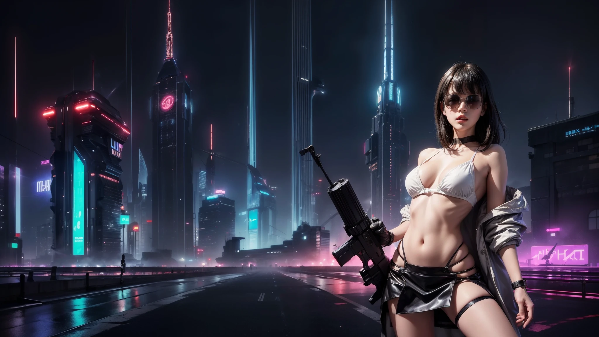 (Wide angle view). Blade Runner style futuristic city, simple outlined transparent neon tall buildings, glowing giant clock tower, flying cars, helicopter, lightning, 3D rendering Beeple. At night, (1girl, solo, alone), photorealistic, medium-breast slim:0.6 body, oval:0.6 face, cleavage:1.1, sexy black laced bra, glove, deep-V, (very low angle view of miniskirt), white laced panty, coat, (Matrix style black micro sunglasses), ((aiming viewer with a short gun)), (running pose), (half-body thigh level close-up shot), cinematic lighting, ray tracing.