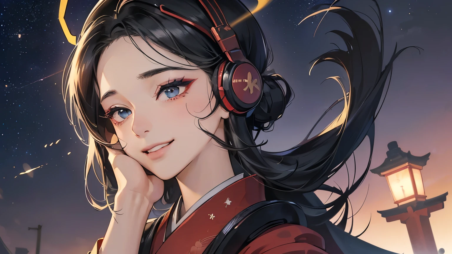 (masterpiece, Digital Art, Digital Illustration, 4K, 8K, Ultra-detailed, beautiful image, Sharp Image, Photorealistic, Raw photo, Perfect face, Perfect lines, Perfect eyes, Soft lighting), 1 woman, (Black hair, straight haired, Bullish gaze, Beautie, ellegance, Solid makeup, 23 y-o woman, small tits: 1.3), (ember, well-muscled, Firm shoulder width, Boyish hairstyle, English gentlemanly style, Show white teeth and smile (embarrassed from, Shy smile:1.1), (Nervous, be shy, sleepy, embarrassed from: 1.1), Romance, Japanese style kimono, Furisode, Flower Street, bright light illuminated with, lantern, Wandering girl, whore, Broken kimono, Luxurious kanzashi, Sunrise, ((headphones)), ((background: night, starry sky)), ((ukiyo-e style)), ((smile)), ((1 girl)),
