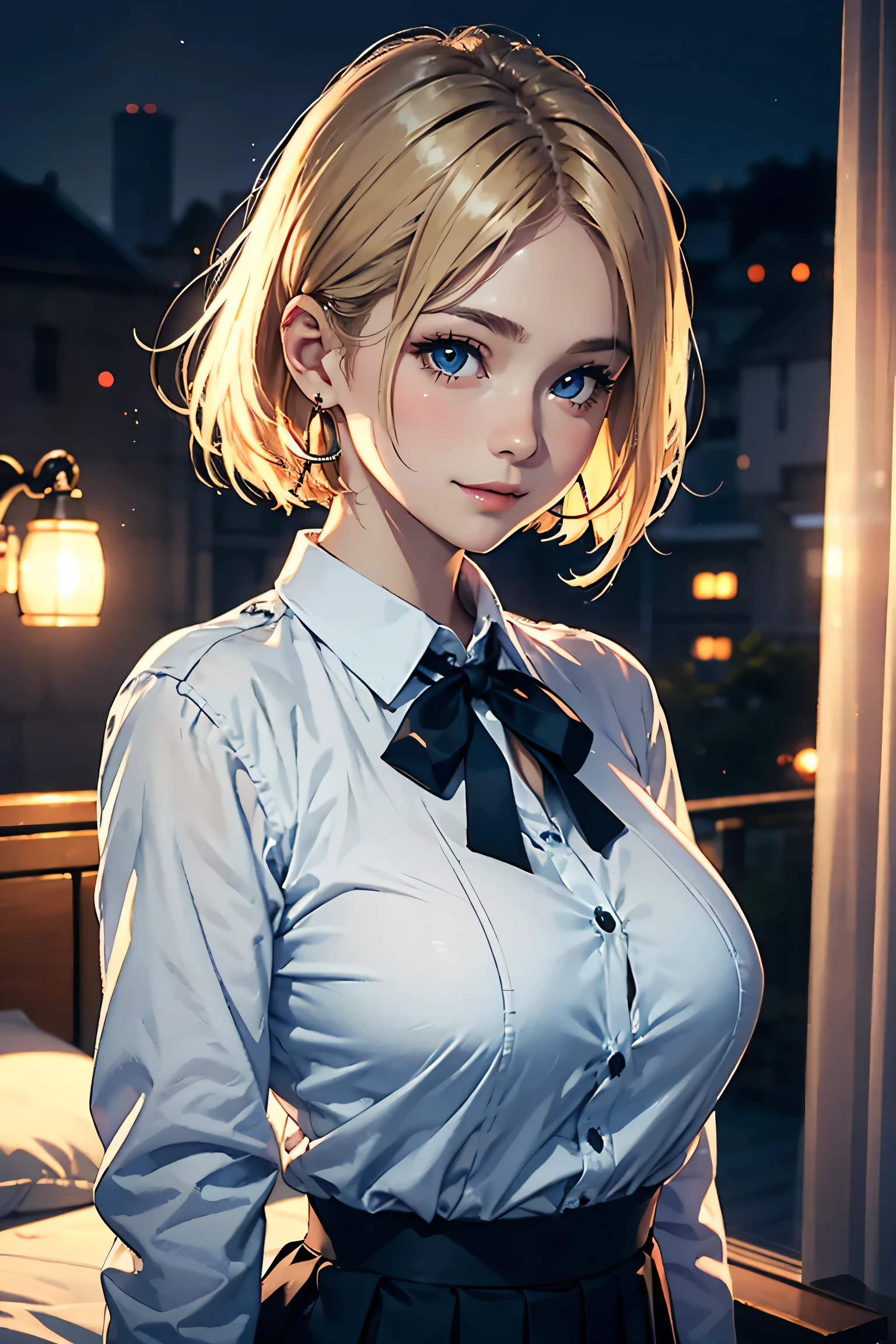 (masterpiece:1.2, Highest quality), (Realistic photos), Beautiful illustrations, (Natural side lighting, Cinema lighting),(1 person), Japanese, 20-year-old female, Perfect Face, Symmetrical cute face, Glowing Skin、Blonde Short Hair、Dark blue eyes, (Huge breasts:1.2), Slender build、Earrings、Beautiful Hair, Beautiful Face, Fine and beautiful eyes, Beautiful body, Beautiful breasts,(White collared shirt、Small black ribbon、Navy blue pleated skirt)、smile、Blushing、whole body、Bedroom、Night view