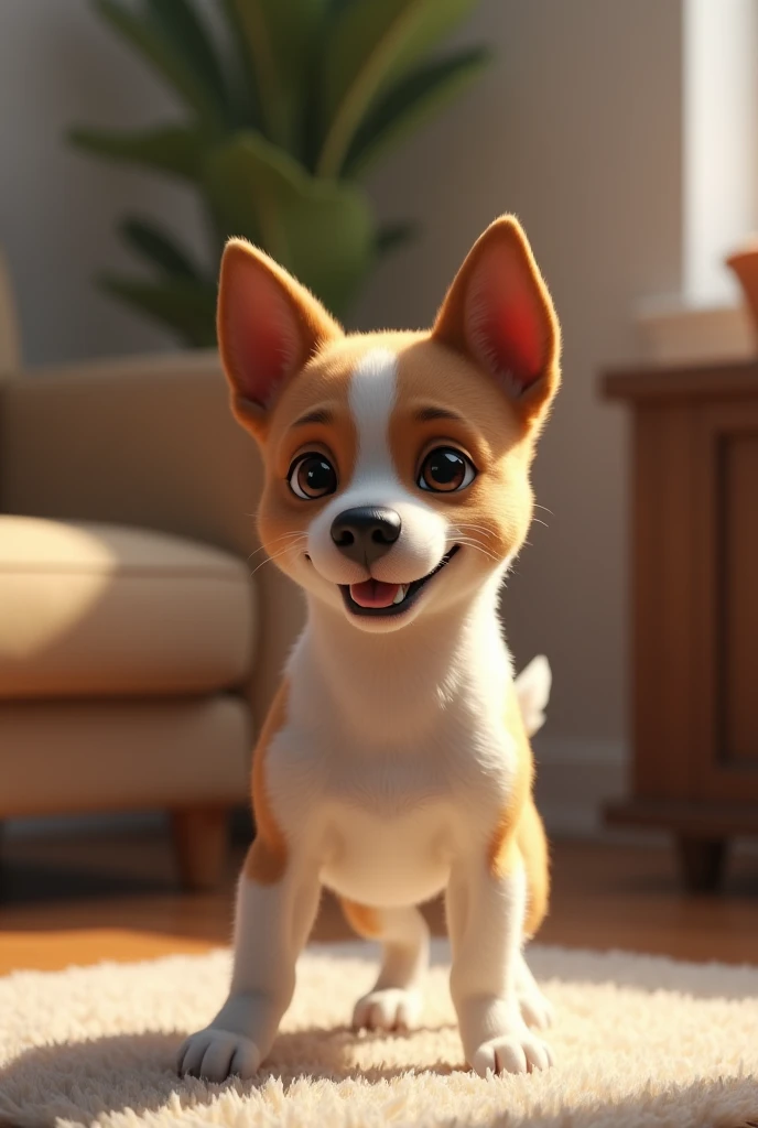 a cute furry jack russell terrier, medium brown fur, alert and focused expression, perky ears, adorable face, affectionate actions, loving demeanor, sharp jawline, black nose, indoors living room background, realistic, detailed, photorealistic